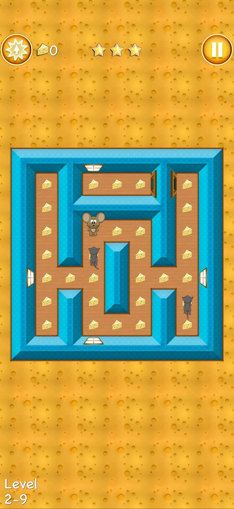 Amazing Escape, level 2-9: Mousy in the House, a maze with wooden floors, doors in the walls and two cats