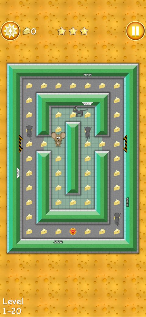 Amazing Escape, level 1-20: Mousy in a green lab maze full of cheese, with four cats, coloured doors and a power-up