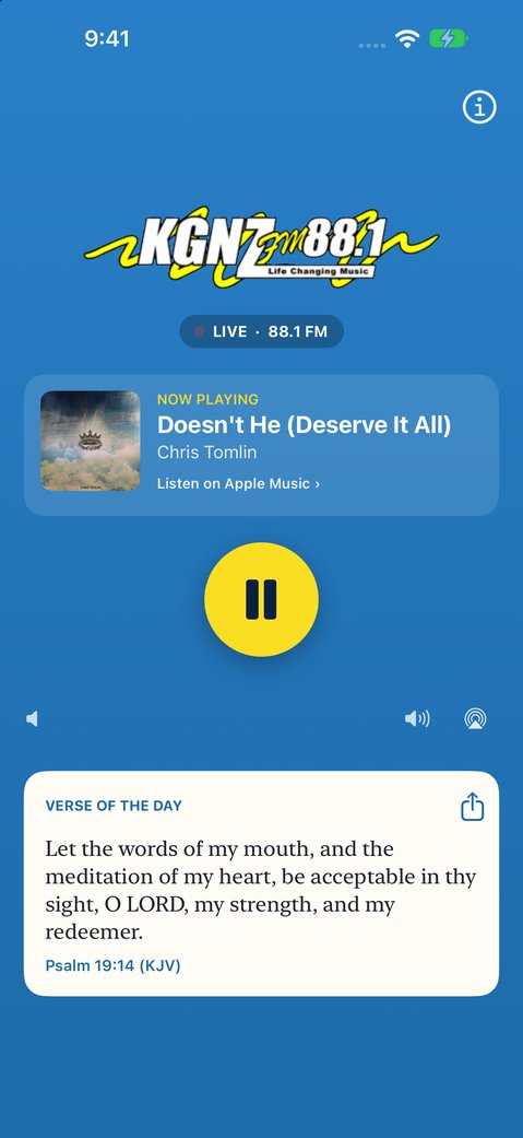 The new KGNZ app: the station logo, the song that's on now, a big play button and the verse of the day
